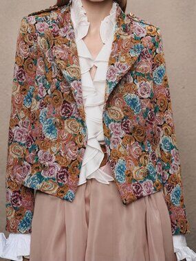 Orange Elegant Women's Textured Jacquard Button Front Jacket